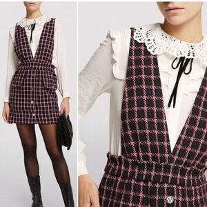 Maje Ritrite Black and Pink Plaid Pinafore Dress